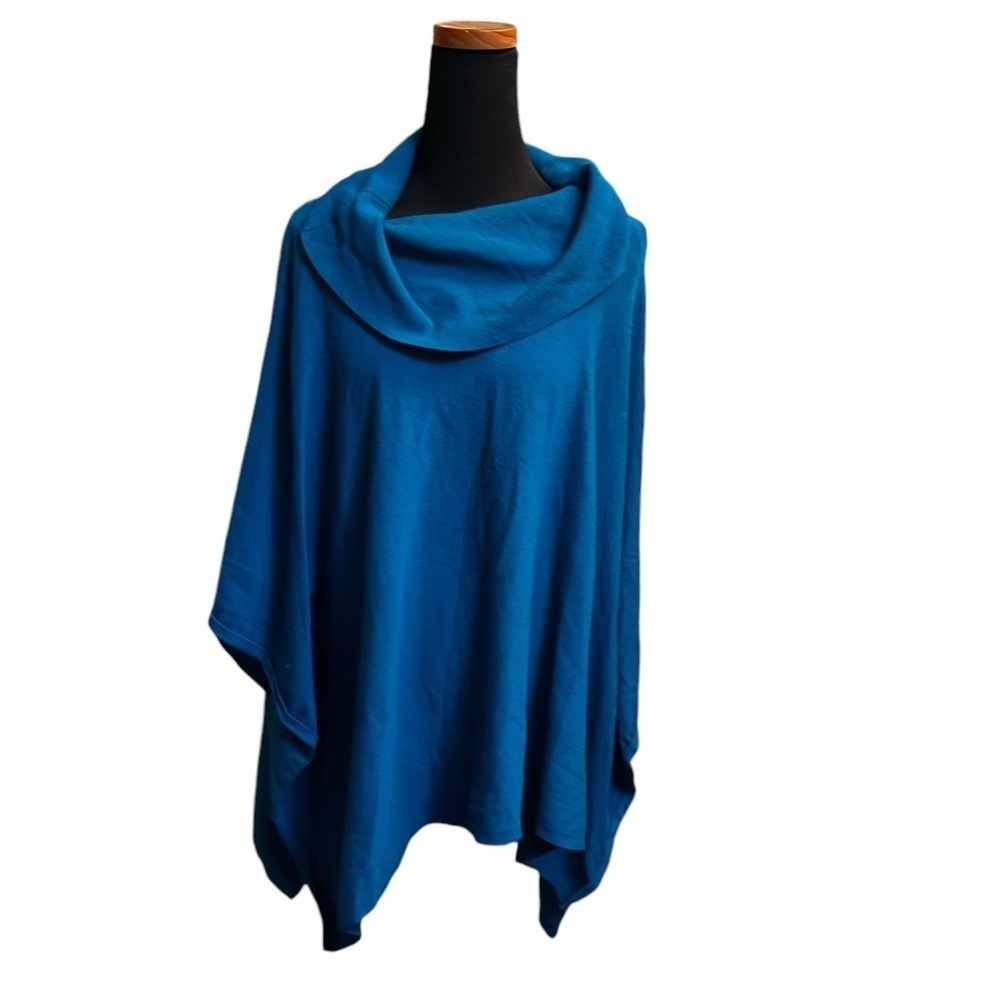 CHARTER CLUB Women’s Cowl Neck Sharkbite Hem Teal Poncho Shawl Petite SM EUC